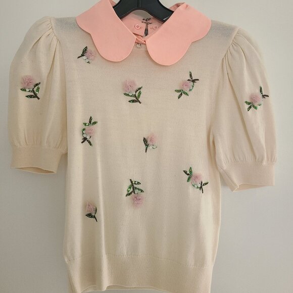 ALICE + OLIVIA Chase Collar Puff Sleeve Embroidery Embellished Top Size XS - Picture 1 of 6